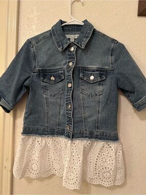 Women’s Denim Jacket blouse  with White Eyelet Hem